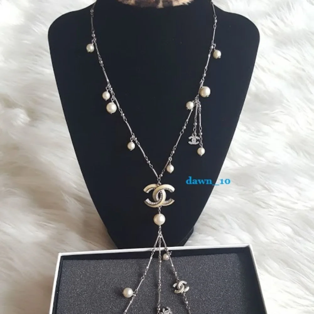 CHANEL Yellow Enamel Interlocking CC Pearl Drop Necklace